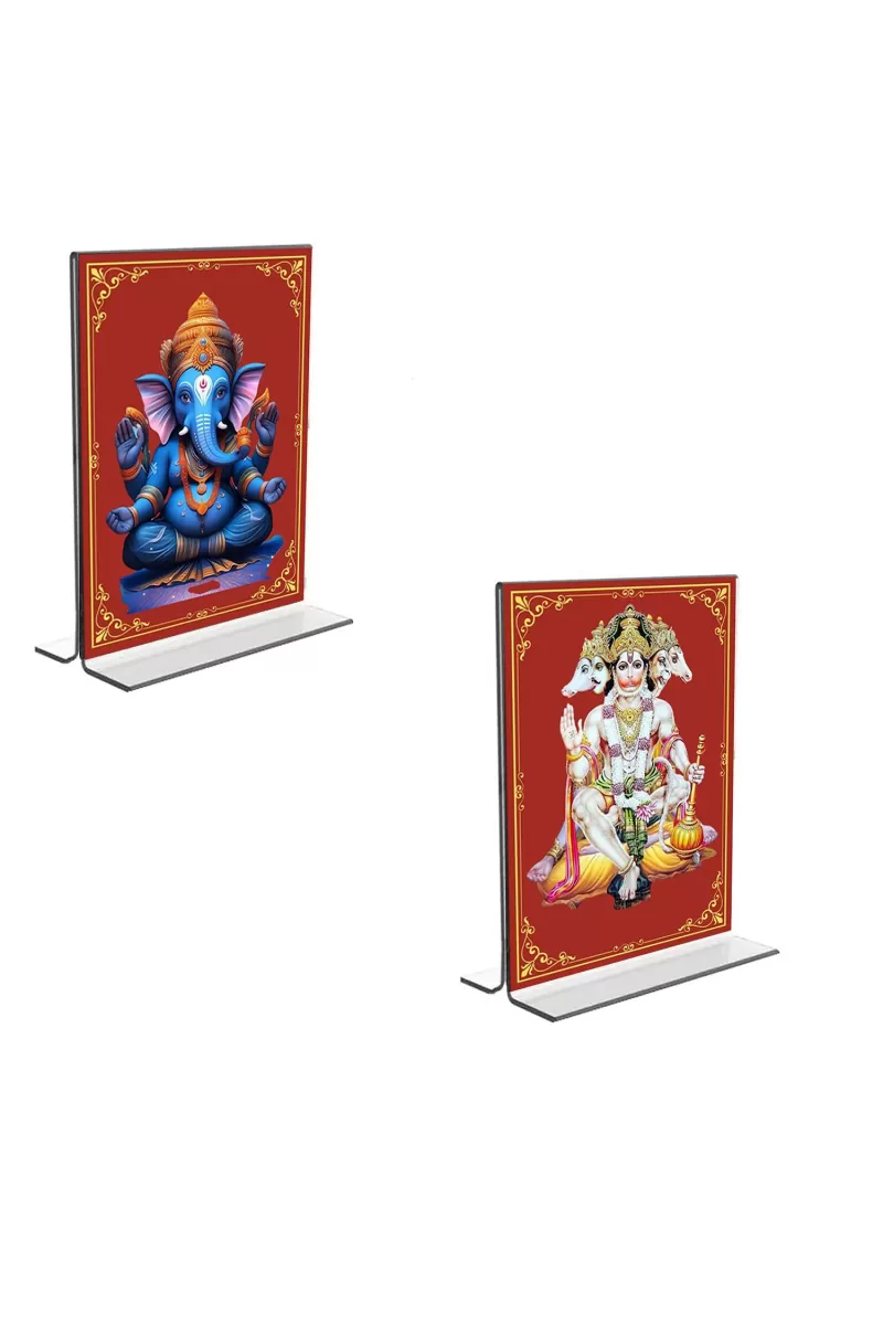 Car Desk/Table Top Sri Ganesh & Panchmukhi Hanuman  Acrylic T-Style Photo Stand - 2.5x3.5 Inches, Compact And Stylish Spiritual Display, Easily Change  2 Photos ( Pack Of 1 ) (F9340)