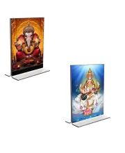 Car Desk/Table Top Sri Ganesh & Maa Saraswati  Acrylic T-Style Photo Stand - 2.5x3.5 Inches, Compact And Stylish Spiritual Display, Easily Change  2 Photos ( Pack Of 1 ) (F9341)