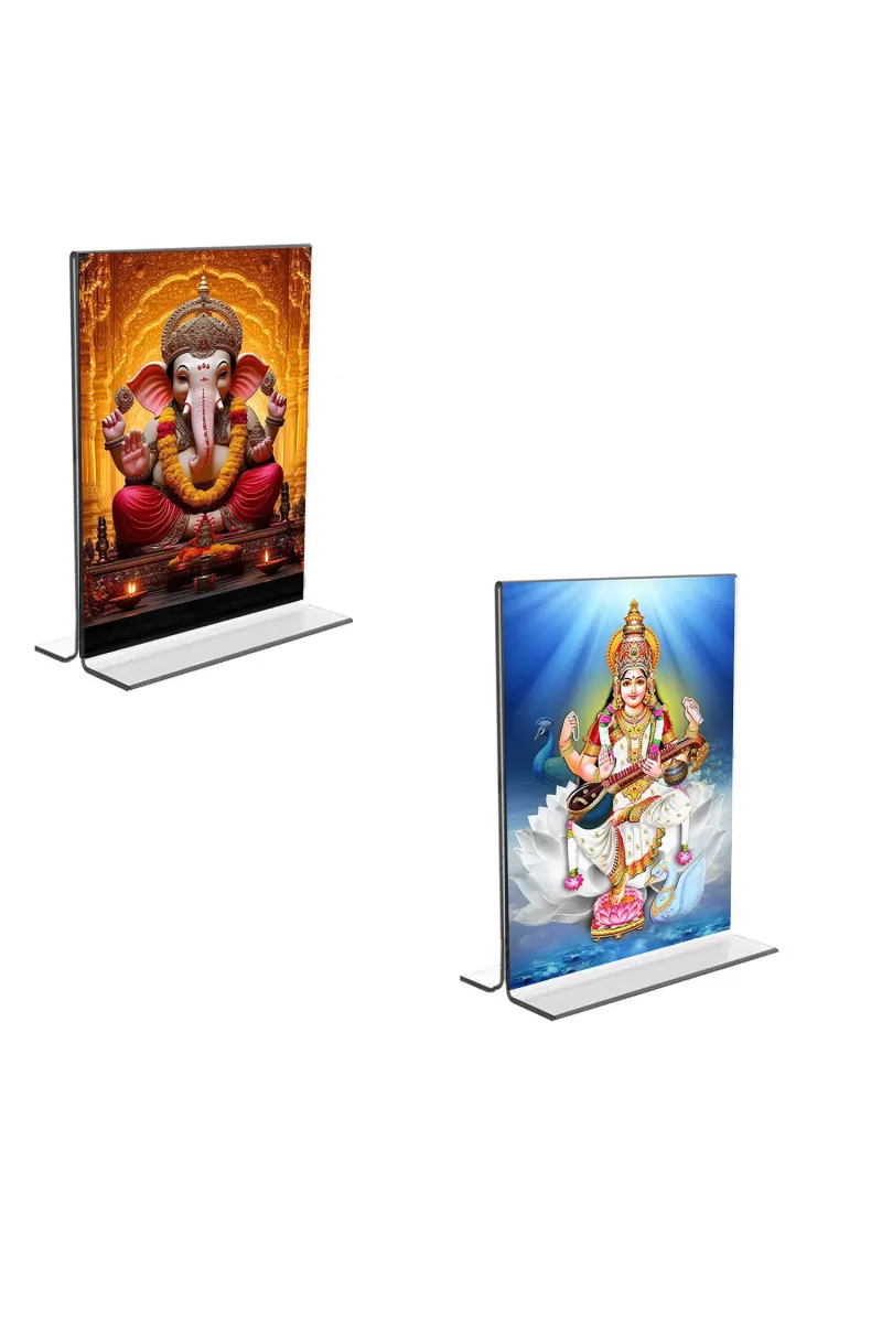 Car Desk/Table Top Sri Ganesh & Maa Saraswati  Acrylic T-Style Photo Stand - 2.5x3.5 Inches, Compact And Stylish Spiritual Display, Easily Change  2 Photos ( Pack Of 1 ) (F9341)