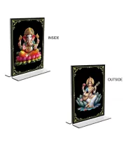 Car Desk/Table Top Sri Ganesh & Maa Saraswati  Acrylic T-Style Photo Stand - 2.5x3.5 Inches, Compact And Stylish Spiritual Display, Easily Change  2 Photos ( Pack Of 1 ) (F9342)