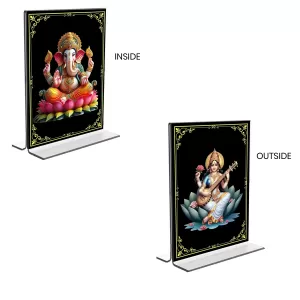 Car Desk/Table Top Sri Ganesh & Maa Saraswati Acrylic T-Style Photo Stand - 2.5x3.5 Inches, Compact And Stylish Spiritual Display, Easily Change 2 Photos ( Pack Of 1 ) (F9342) Car Desk/Table Top Sri Ganesh & Maa Saraswati Acrylic T-Style Photo Stand - 2.5x3.5 Inches, Compact And Stylish Spiritual Display, Easily Change 2 Photos ( Pack Of 1 ) (F9342)