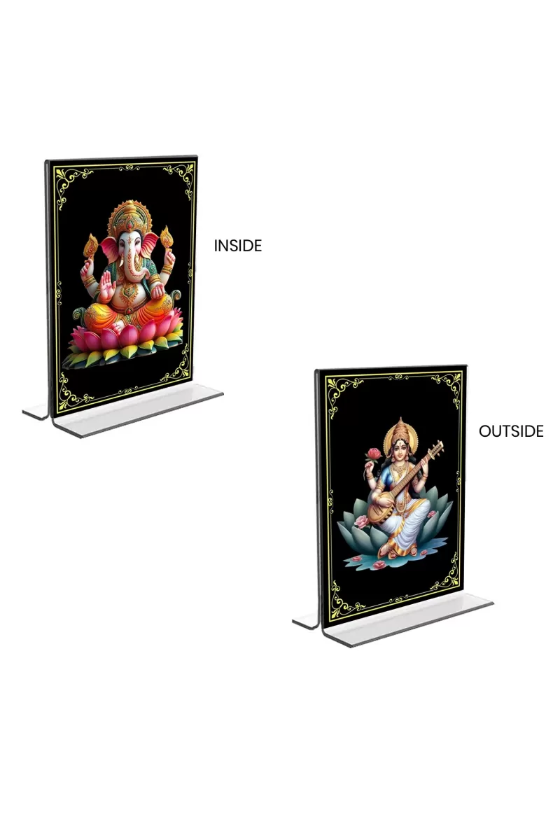 Car Desk/Table Top Sri Ganesh & Maa Saraswati  Acrylic T-Style Photo Stand - 2.5x3.5 Inches, Compact And Stylish Spiritual Display, Easily Change  2 Photos ( Pack Of 1 ) (F9342)