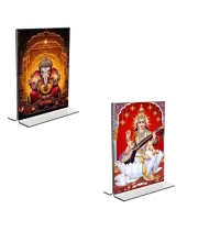 Car Desk/Table Top Sri Ganesh & Maa Saraswati  Acrylic T-Style Photo Stand - 2.5x3.5 Inches, Compact And Stylish Spiritual Display, Easily Change  2 Photos ( Pack Of 1 ) (F9343)
