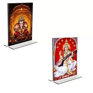 Car Desk/Table Top Sri Ganesh & Maa Saraswati Acrylic T-Style Photo Stand - 2.5x3.5 Inches, Compact And Stylish Spiritual Display, Easily Change 2 Photos ( Pack Of 1 ) (F9343) Car Desk/Table Top Sri Ganesh & Maa Saraswati Acrylic T-Style Photo Stand - 2.5x3.5 Inches, Compact And Stylish Spiritual Display, Easily Change 2 Photos ( Pack Of 1 ) (F9343)