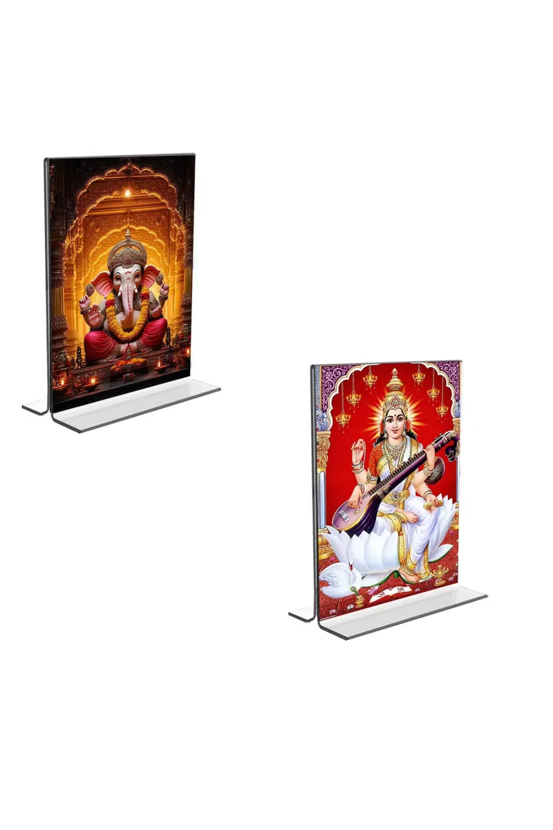 Car Desk/Table Top Sri Ganesh & Maa Saraswati  Acrylic T-Style Photo Stand - 2.5x3.5 Inches, Compact And Stylish Spiritual Display, Easily Change  2 Photos ( Pack Of 1 ) (F9343)