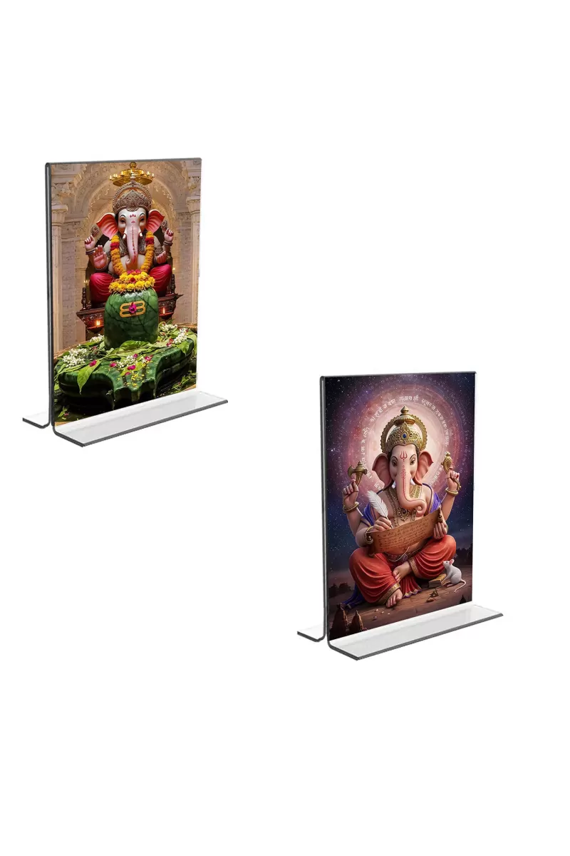 Car Desk/Table Top Sri Ganesh  Acrylic T-Style Photo Stand - 2.5x3.5 Inches, Compact And Stylish Spiritual Display, Easily Change  2 Photos ( Pack Of 1 ) (F9344)