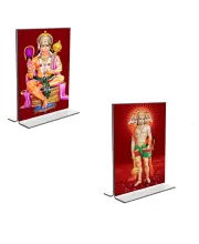 Car Desk/Table Top Sri Hanuman & Panchmukhi Hanuman  Acrylic T-Style Photo Stand - 2.5x3.5 Inches, Compact And Stylish Spiritual Display, Easily Change  2 Photos ( Pack Of 1 ) (F9346)