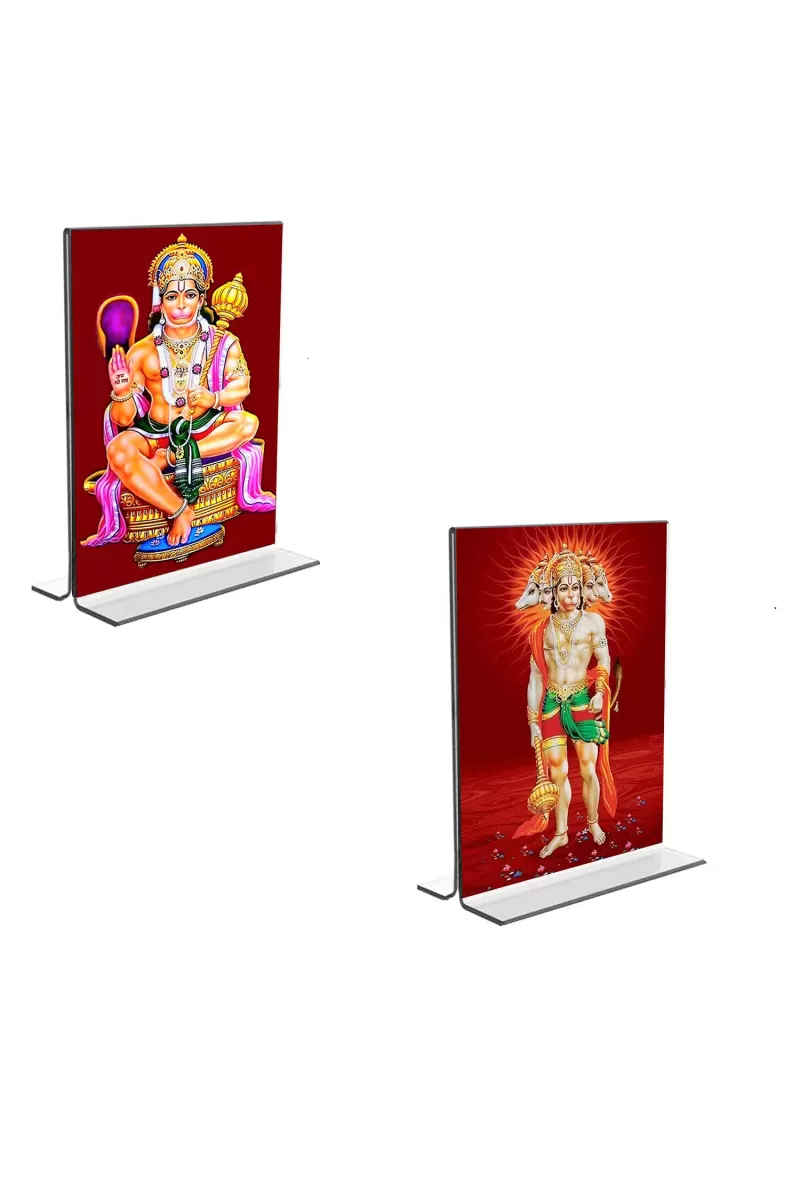 Car Desk/Table Top Sri Hanuman & Panchmukhi Hanuman  Acrylic T-Style Photo Stand - 2.5x3.5 Inches, Compact And Stylish Spiritual Display, Easily Change  2 Photos ( Pack Of 1 ) (F9346)
