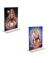 Car Desk/Table Top Sri Hanuman & Lord Ganesh  Acrylic T-Style Photo Stand - 2.5x3.5 Inches, Compact And Stylish Spiritual Display, Easily Change  2 Photos ( Pack Of 1 ) (F9347)
