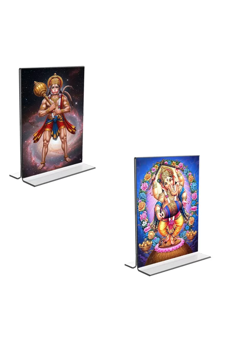Car Desk/Table Top Sri Hanuman & Lord Ganesh  Acrylic T-Style Photo Stand - 2.5x3.5 Inches, Compact And Stylish Spiritual Display, Easily Change  2 Photos ( Pack Of 1 ) (F9347)