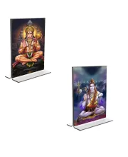 Car Desk/Table Top Sri Hanuman & Lord Shiva  Acrylic T-Style Photo Stand - 2.5x3.5 Inches, Compact And Stylish Spiritual Display, Easily Change  2 Photos ( Pack Of 1 ) (F9348)