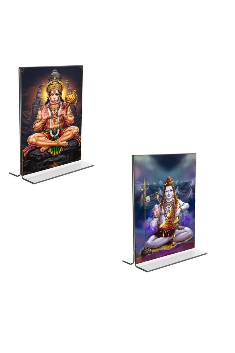 Car Desk/Table Top Sri Hanuman & Lord Shiva  Acrylic T-Style Photo Stand - 2.5x3.5 Inches, Compact And Stylish Spiritual Display, Easily Change  2 Photos ( Pack Of 1 ) (F9348)