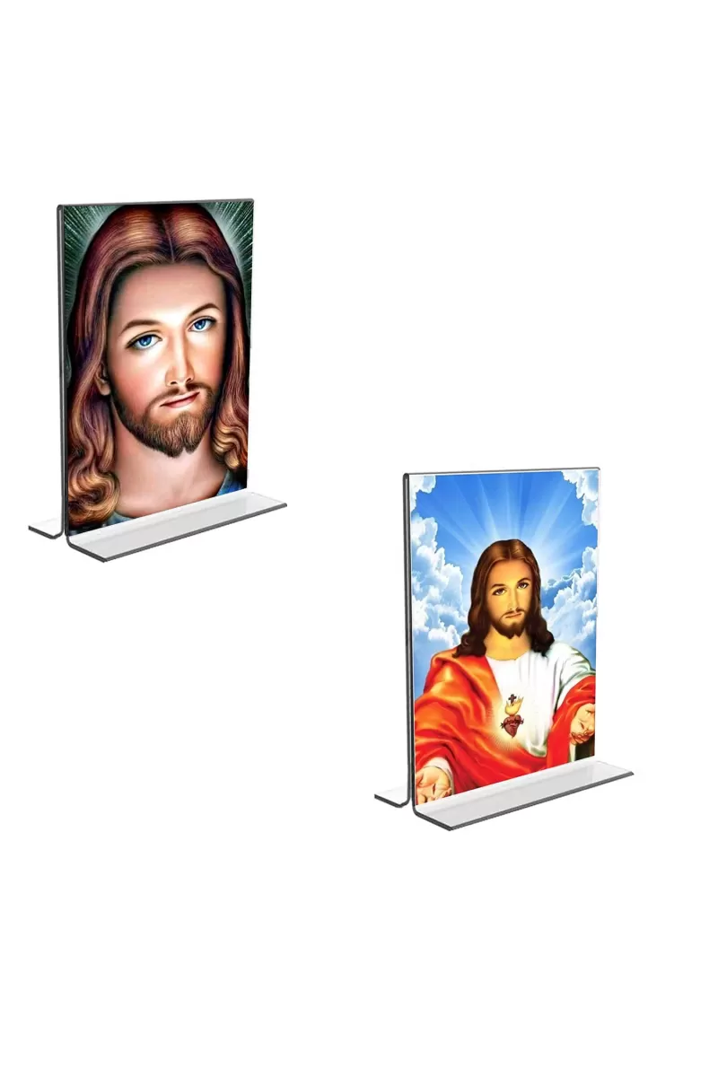 Car Desk/Table Top Jesus Crist  Acrylic T-Style Photo Stand - 2.5x3.5 Inches, Compact And Stylish Spiritual Display, Easily Change  2 Photos ( Pack Of 1 ) (F9350)