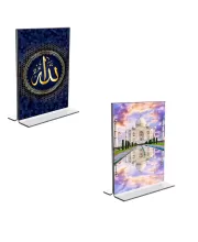 Car Desk/Table Top Taj Mahal  Islamic Allah  Acrylic T-Style Photo Stand - 2.5x3.5 Inches, Compact And Stylish Spiritual Display, Easily Change  2 Photos ( Pack Of 1 ) (F9351)