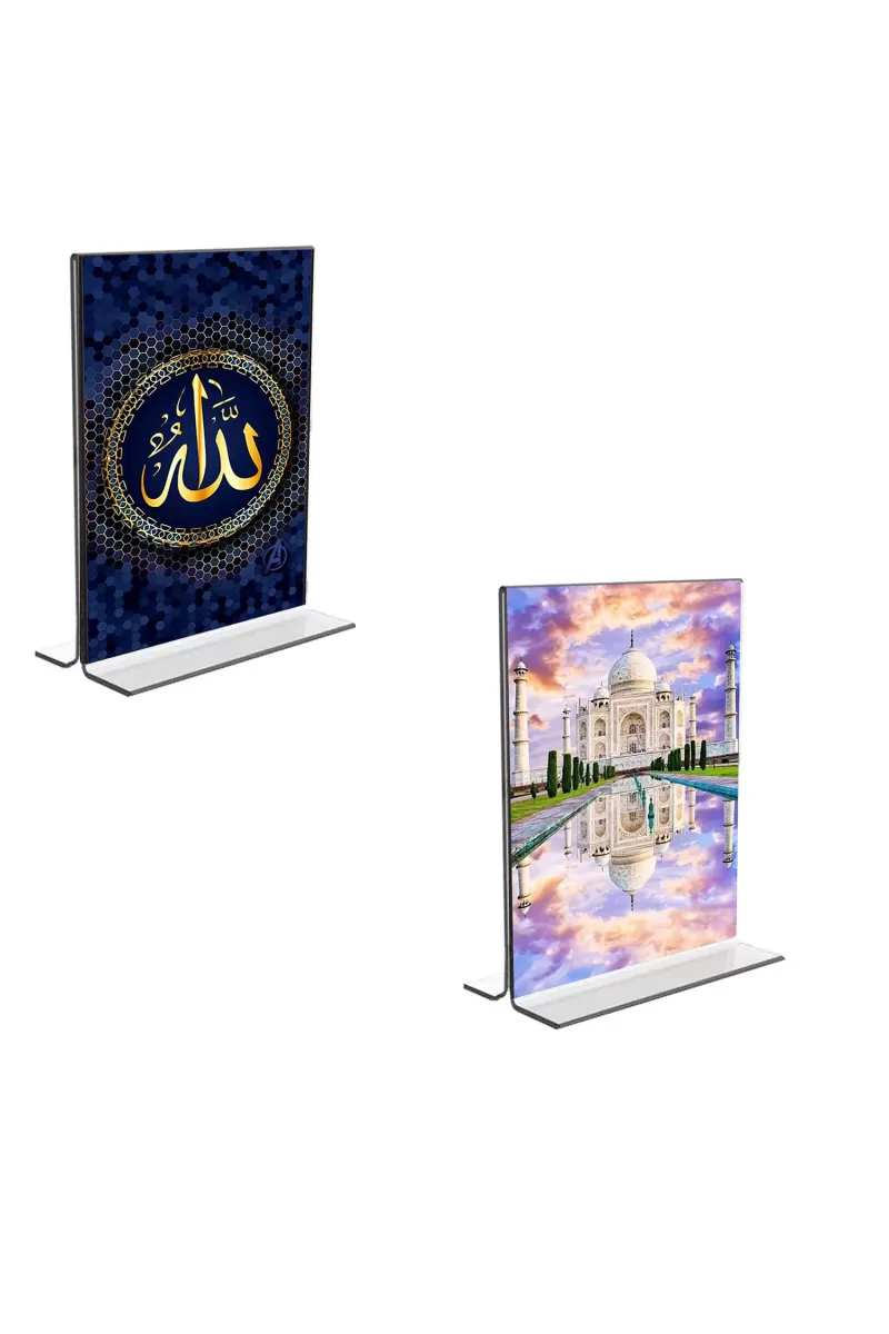Car Desk/Table Top Taj Mahal  Islamic Allah  Acrylic T-Style Photo Stand - 2.5x3.5 Inches, Compact And Stylish Spiritual Display, Easily Change  2 Photos ( Pack Of 1 ) (F9351)