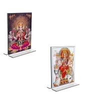 Car Desk/Table Top Maa Lakshmi & Maa Durga  Acrylic T-Style Photo Stand - 2.5x3.5 Inches, Compact And Stylish Spiritual Display, Easily Change  2 Photos ( Pack Of 1 ) (F9352)
