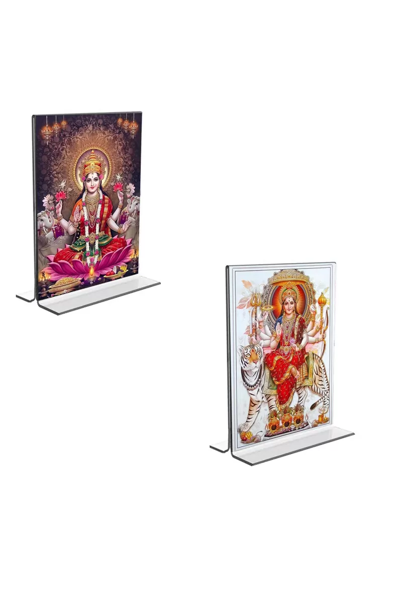 Car Desk/Table Top Maa Lakshmi & Maa Durga  Acrylic T-Style Photo Stand - 2.5x3.5 Inches, Compact And Stylish Spiritual Display, Easily Change  2 Photos ( Pack Of 1 ) (F9352)