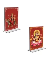 Car Desk/Table Top Maa Lakshmi & Maa Durga  Acrylic T-Style Photo Stand - 2.5x3.5 Inches, Compact And Stylish Spiritual Display, Easily Change  2 Photos ( Pack Of 1 ) (F9353)