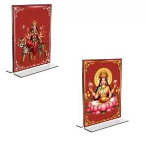 Car Desk/Table Top Maa Lakshmi & Maa Durga Acrylic T-Style Photo Stand - 2.5x3.5 Inches, Compact And Stylish Spiritual Display, Easily Change 2 Photos ( Pack Of 1 ) (F9353) Car Desk/Table Top Maa Lakshmi & Maa Durga Acrylic T-Style Photo Stand - 2.5x3.5 Inches, Compact And Stylish Spiritual Display, Easily Change 2 Photos ( Pack Of 1 ) (F9353)