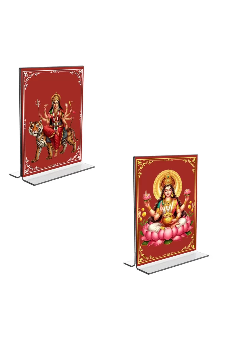 Car Desk/Table Top Maa Lakshmi & Maa Durga  Acrylic T-Style Photo Stand - 2.5x3.5 Inches, Compact And Stylish Spiritual Display, Easily Change  2 Photos ( Pack Of 1 ) (F9353)