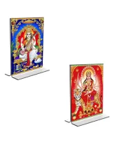 Car Desk/Table Top Maa Saraswati & Maa Durga  Acrylic T-Style Photo Stand - 2.5x3.5 Inches, Compact And Stylish Spiritual Display, Easily Change  2 Photos ( Pack Of 1 ) (F9354)