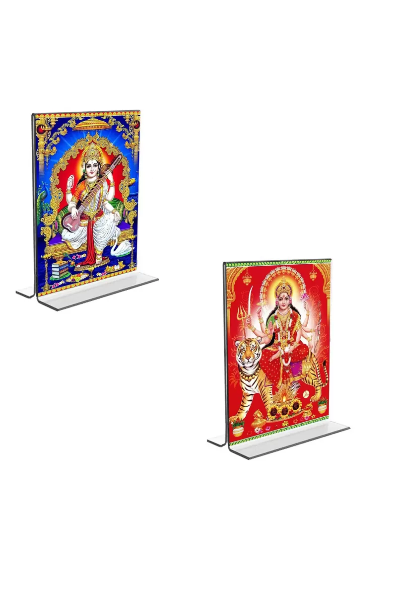 Car Desk/Table Top Maa Saraswati & Maa Durga  Acrylic T-Style Photo Stand - 2.5x3.5 Inches, Compact And Stylish Spiritual Display, Easily Change  2 Photos ( Pack Of 1 ) (F9354)