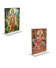 Car Desk/Table Top Maa Durga  Acrylic T-Style Photo Stand - 2.5x3.5 Inches, Compact And Stylish Spiritual Display, Easily Change  2 Photos ( Pack Of 1 ) (F9355)