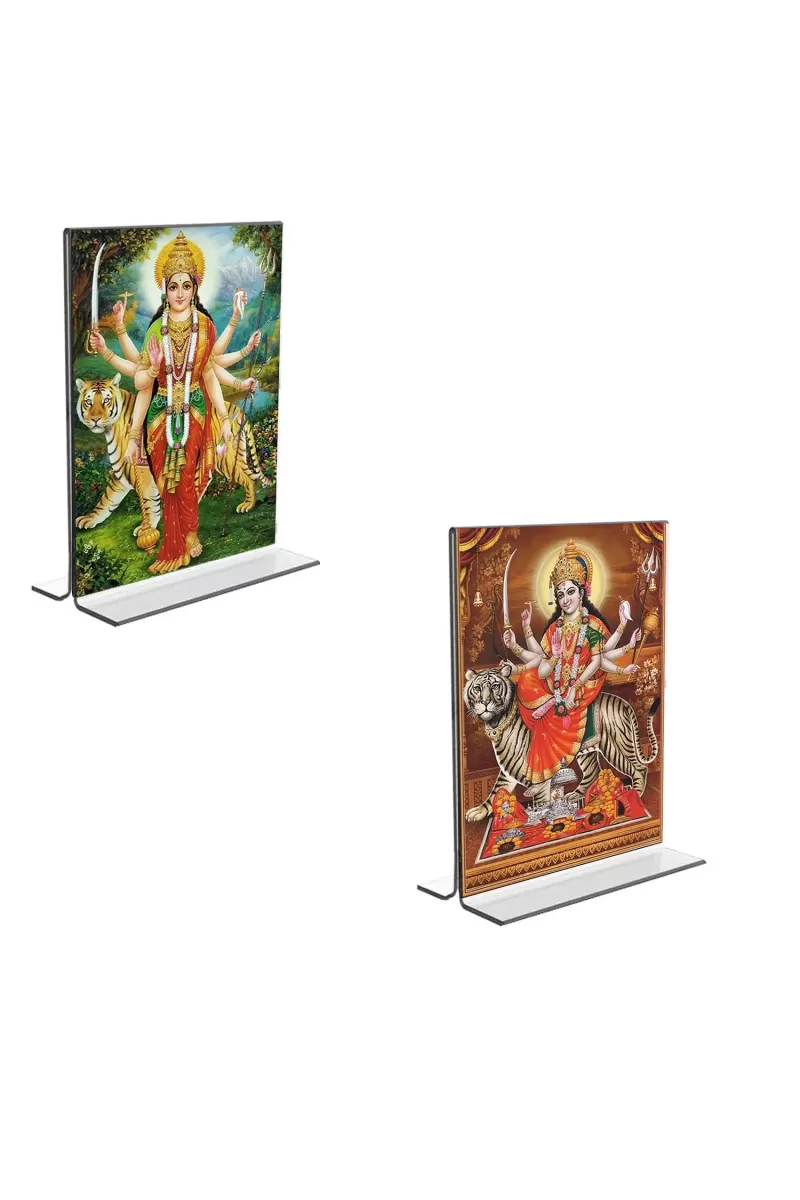 Car Desk/Table Top Maa Durga  Acrylic T-Style Photo Stand - 2.5x3.5 Inches, Compact And Stylish Spiritual Display, Easily Change  2 Photos ( Pack Of 1 ) (F9355)