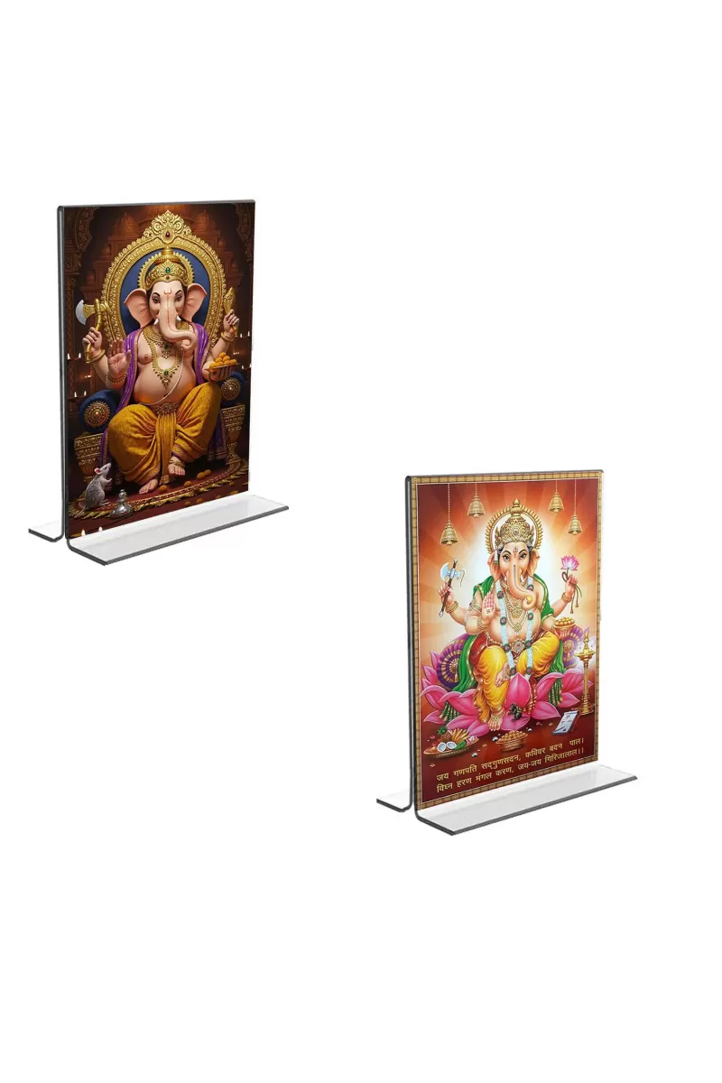 Car Desk/Table Top Lord Ganesh  Acrylic T-Style Photo Stand - 2.5x3.5 Inches, Compact And Stylish Spiritual Display, Easily Change  2 Photos ( Pack Of 1 ) (F9356)