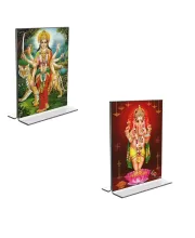 Car Desk/Table Top Lord Ganesh & Maa Durga  Acrylic T-Style Photo Stand - 2.5x3.5 Inches, Compact And Stylish Spiritual Display, Easily Change  2 Photos ( Pack Of 1 ) (F9357)