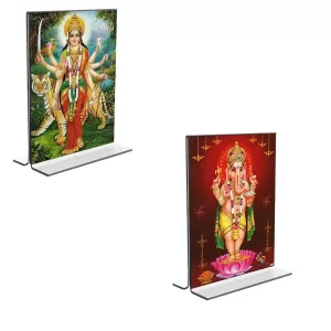 Car Desk/Table Top Lord Ganesh & Maa Durga Acrylic T-Style Photo Stand - 2.5x3.5 Inches, Compact And Stylish Spiritual Display, Easily Change 2 Photos ( Pack Of 1 ) (F9357) Car Desk/Table Top Lord Ganesh & Maa Durga Acrylic T-Style Photo Stand - 2.5x3.5 Inches, Compact And Stylish Spiritual Display, Easily Change 2 Photos ( Pack Of 1 ) (F9357)