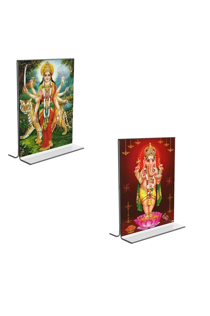 Car Desk/Table Top Lord Ganesh & Maa Durga  Acrylic T-Style Photo Stand - 2.5x3.5 Inches, Compact And Stylish Spiritual Display, Easily Change  2 Photos ( Pack Of 1 ) (F9357)
