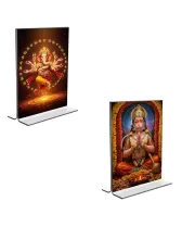Car Desk/Table Top Lord Ganesh & Sri Hanuman  Acrylic T-Style Photo Stand - 2.5x3.5 Inches, Compact And Stylish Spiritual Display, Easily Change  2 Photos ( Pack Of 1 ) (F9358)