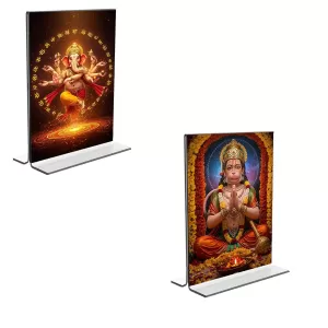 Car Desk/Table Top Lord Ganesh & Sri Hanuman Acrylic T-Style Photo Stand - 2.5x3.5 Inches, Compact And Stylish Spiritual Display, Easily Change 2 Photos ( Pack Of 1 ) (F9358) Car Desk/Table Top Lord Ganesh & Sri Hanuman Acrylic T-Style Photo Stand - 2.5x3.5 Inches, Compact And Stylish Spiritual Display, Easily Change 2 Photos ( Pack Of 1 ) (F9358)