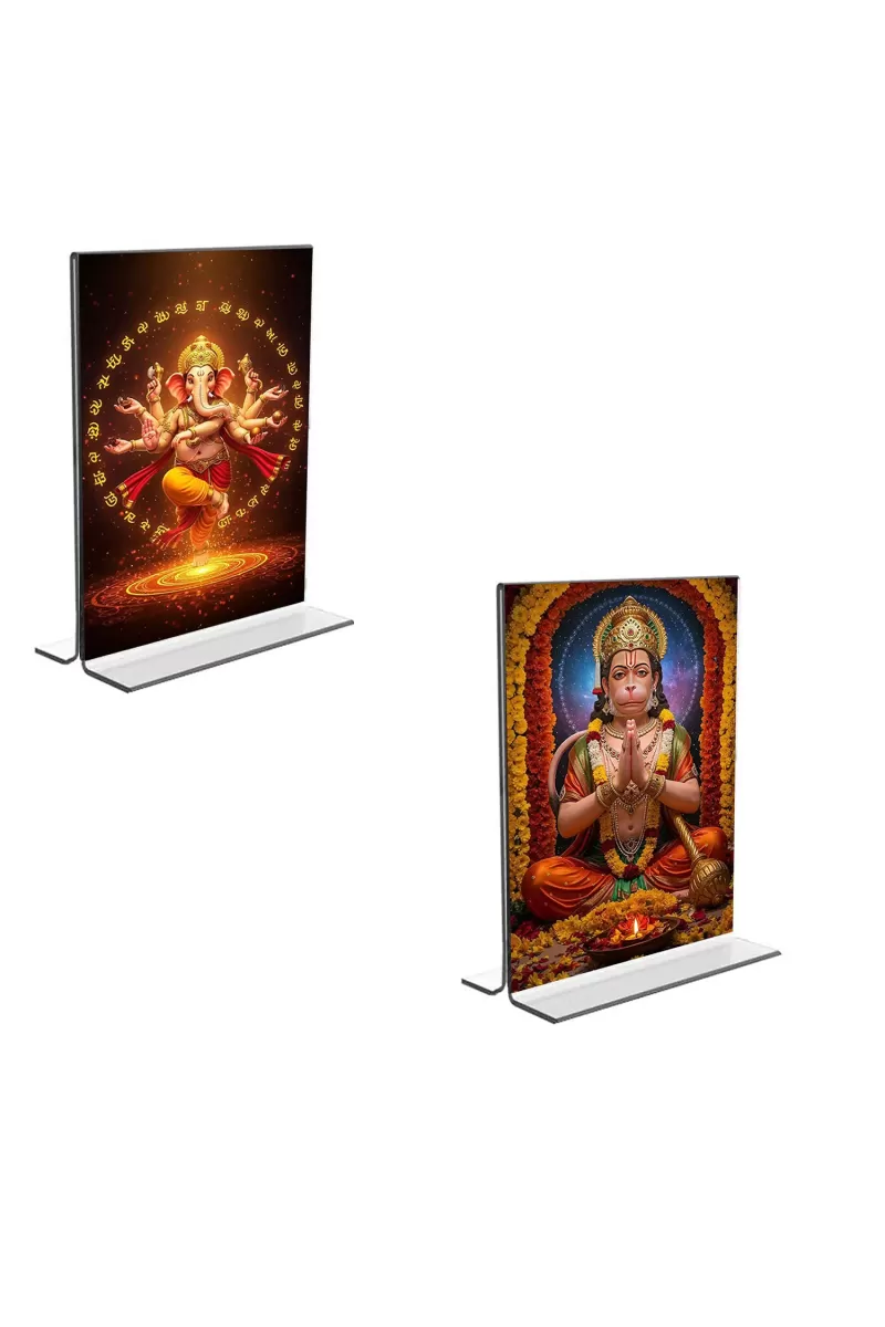 Car Desk/Table Top Lord Ganesh & Sri Hanuman  Acrylic T-Style Photo Stand - 2.5x3.5 Inches, Compact And Stylish Spiritual Display, Easily Change  2 Photos ( Pack Of 1 ) (F9358)
