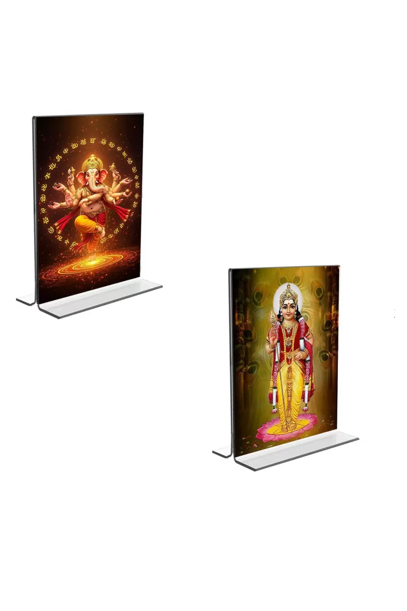 Car Desk/Table Top Sri Ganesh & Kartiyeka  Acrylic T-Style Photo Stand - 2.5x3.5 Inches, Compact And Stylish Spiritual Display, Easily Change  2 Photos ( Pack Of 1 ) (F9359)