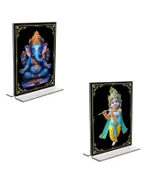 Car Desk/Table Top Sri Ganesh & Sri Krishna  Acrylic T-Style Photo Stand - 2.5x3.5 Inches, Compact And Stylish Spiritual Display, Easily Change  2 Photos ( Pack Of 1 ) (F9360)