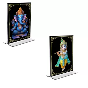 Car Desk/Table Top Sri Ganesh & Sri Krishna Acrylic T-Style Photo Stand - 2.5x3.5 Inches, Compact And Stylish Spiritual Display, Easily Change 2 Photos ( Pack Of 1 ) (F9360) Car Desk/Table Top Sri Ganesh & Sri Krishna Acrylic T-Style Photo Stand - 2.5x3.5 Inches, Compact And Stylish Spiritual Display, Easily Change 2 Photos ( Pack Of 1 ) (F9360)