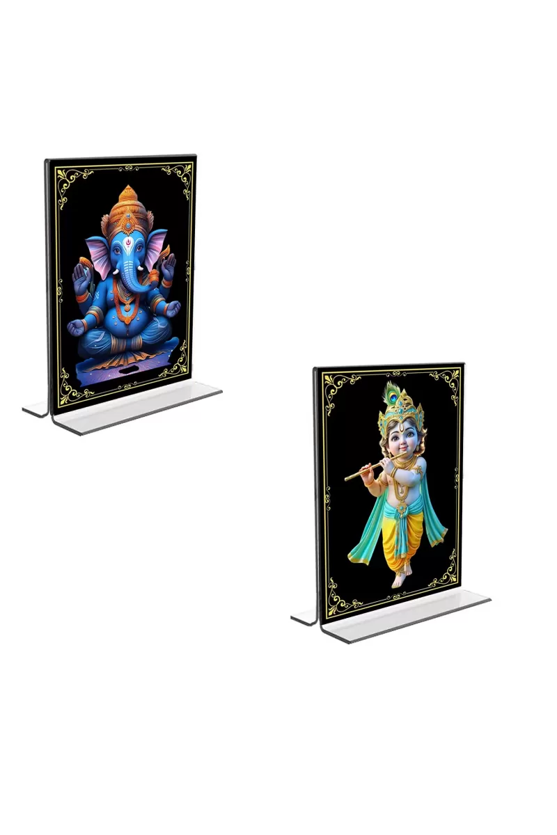 Car Desk/Table Top Sri Ganesh & Sri Krishna  Acrylic T-Style Photo Stand - 2.5x3.5 Inches, Compact And Stylish Spiritual Display, Easily Change  2 Photos ( Pack Of 1 ) (F9360)
