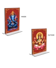 Car Desk/Table Top Sri Ganesh & Maa Lakshmi  Acrylic T-Style Photo Stand - 2.5x3.5 Inches, Compact And Stylish Spiritual Display, Easily Change  2 Photos ( Pack Of 1 ) (F9361)