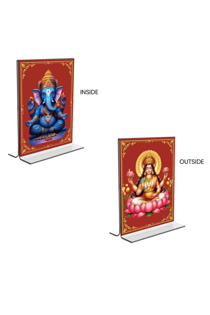 Car Desk/Table Top Sri Ganesh & Maa Lakshmi  Acrylic T-Style Photo Stand - 2.5x3.5 Inches, Compact And Stylish Spiritual Display, Easily Change  2 Photos ( Pack Of 1 ) (F9361)