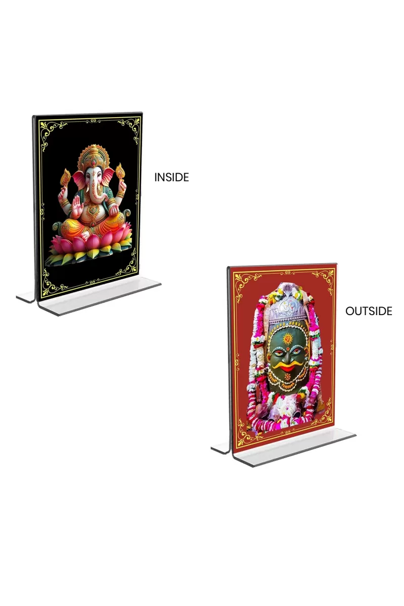 Car Desk/Table Top Sri Ganesh & Lord Shiva Lingam  Acrylic T-Style Photo Stand - 2.5x3.5 Inches, Compact And Stylish Spiritual Display, Easily Change  2 Photos ( Pack Of 1 ) (F9362)