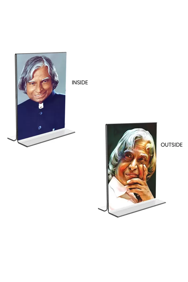 Car Desk/Table Top APJ Abdul Kalam  Acrylic T-Style Photo Stand - 2.5x3.5 Inches, Compact And Stylish Spiritual Display, Easily Change  2 Photos ( Pack Of 1 ) (F9363)