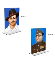Car Desk/Table Top Sri Bhagat Singh & Netaji Subhas Chandra Bose  Acrylic T-Style Photo Stand - 2.5x3.5 Inches, Compact And Stylish Spiritual Display, Easily Change  2 Photos ( Pack Of 1 ) (F9365)