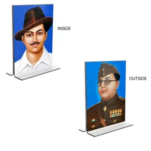 Car Desk/Table Top Sri Bhagat Singh & Netaji Subhas Chandra Bose Acrylic T-Style Photo Stand - 2.5x3.5 Inches, Compact And Stylish Spiritual Display, Easily Change 2 Photos ( Pack Of 1 ) (F9365) Car Desk/Table Top Sri Bhagat Singh & Netaji Subhas Chandra Bose Acrylic T-Style Photo Stand - 2.5x3.5 Inches, Compact And Stylish Spiritual Display, Easily Change 2 Photos ( Pack Of 1 ) (F9365)