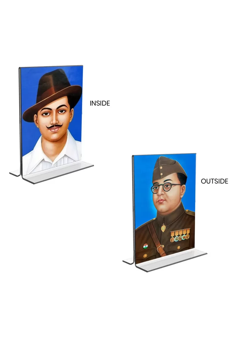 Car Desk/Table Top Sri Bhagat Singh & Netaji Subhas Chandra Bose  Acrylic T-Style Photo Stand - 2.5x3.5 Inches, Compact And Stylish Spiritual Display, Easily Change  2 Photos ( Pack Of 1 ) (F9365)