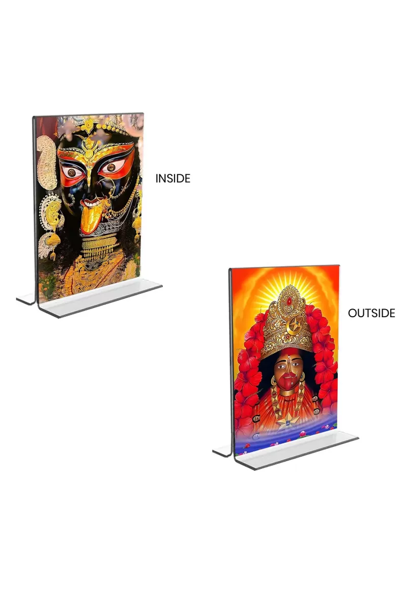 Car Desk/Table Top Maa Kali  Acrylic T-Style Photo Stand - 2.5x3.5 Inches, Compact And Stylish Spiritual Display, Easily Change  2 Photos ( Pack Of 1 ) (F9366)