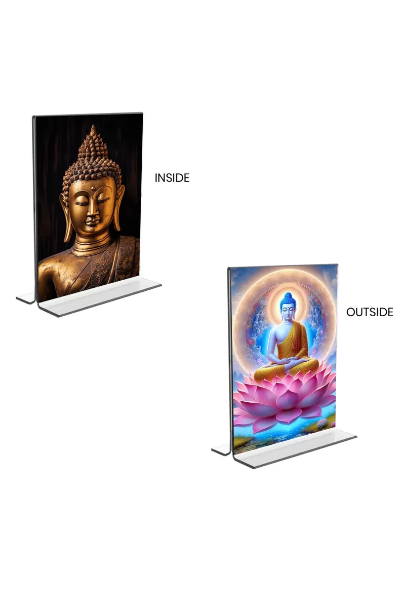 Car Desk/Table Top Buddha  Acrylic T-Style Photo Stand - 2.5x3.5 Inches, Compact And Stylish Spiritual Display, Easily Change  2 Photos ( Pack Of 1 ) (F9367)