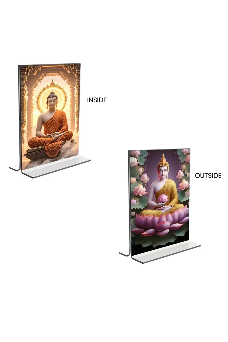 Car Desk/Table Top Buddha  Acrylic T-Style Photo Stand - 2.5x3.5 Inches, Compact And Stylish Spiritual Display, Easily Change  2 Photos ( Pack Of 1 ) (F9368)