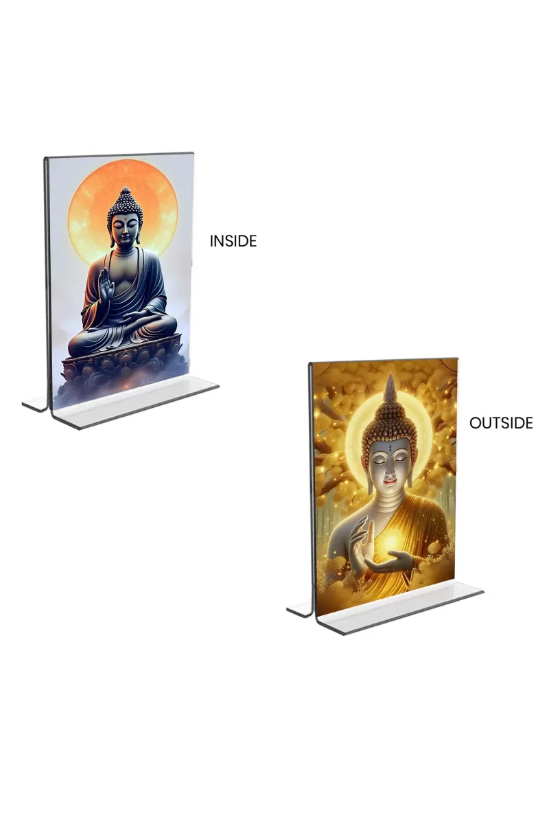 Car Desk/Table Top Buddha  Acrylic T-Style Photo Stand - 2.5x3.5 Inches, Compact And Stylish Spiritual Display, Easily Change  2 Photos ( Pack Of 1 ) (F9369)